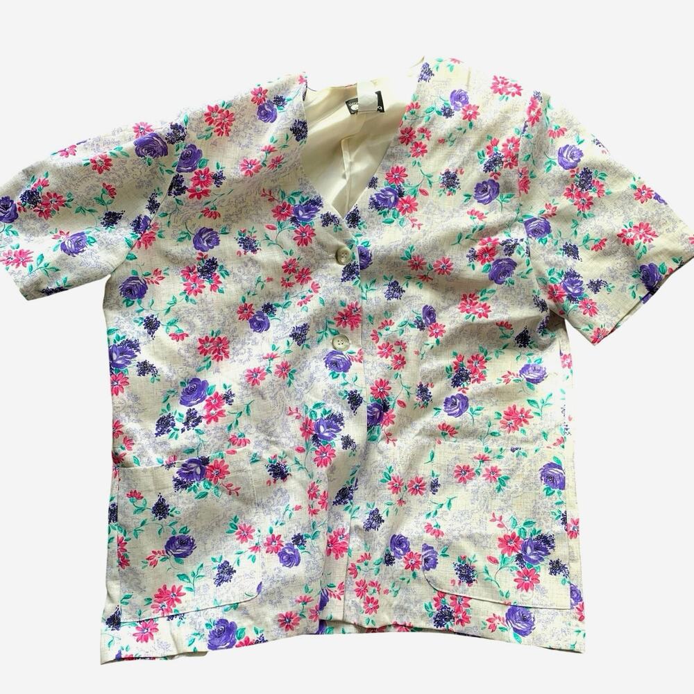 First Option Too! Vintage PLUS SIZE 18 Floral White Floral Short Sleeve Blazer